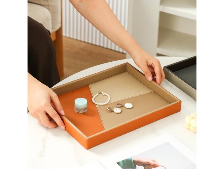 Plateau rectangulaire européen en cuir haut de gamme, plateau de rangement de table à thé pour salon, salle de bain, table de toilette, plateau de rangement de tasses