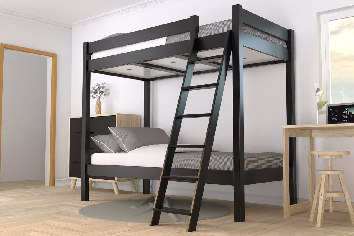 ABC MEUBLES Lit superposé 2 places 90x190 échelle inclinée bois ABC - Noir