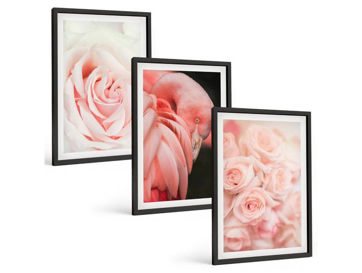 Tulup Bilder SET 3er Set - 40x60 cm Schwarzer Rahmen - Zartrosa Flamingos, Kunststoff, Rechteckig, 40x60 cm, gerahmt, Bilder & Rahmen, Bilder