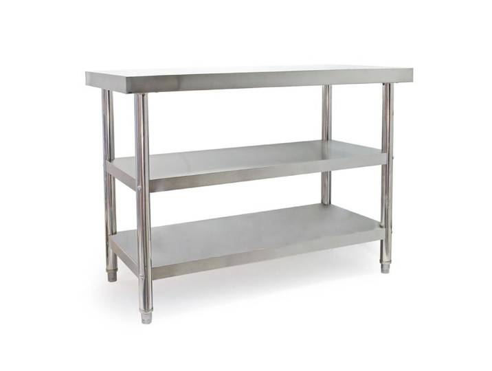 Wiltec Table de travail – 1200 x 600 x 850 mm – en Acier inoxydable – avec 2 Étagères et Pieds ajustables – Établi inox Table inox