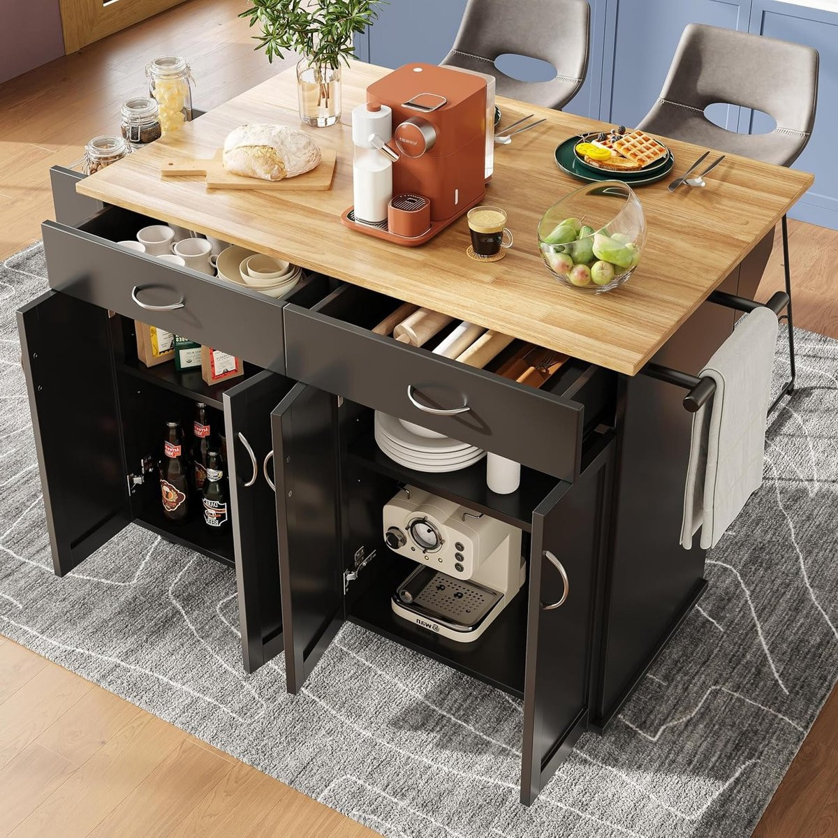 Mobiele Keuken Trolley met Vouwblad en Opbergruimte, Zwart/Wit, B: 106 cm, D: 50 cm, H: 90.5 cm