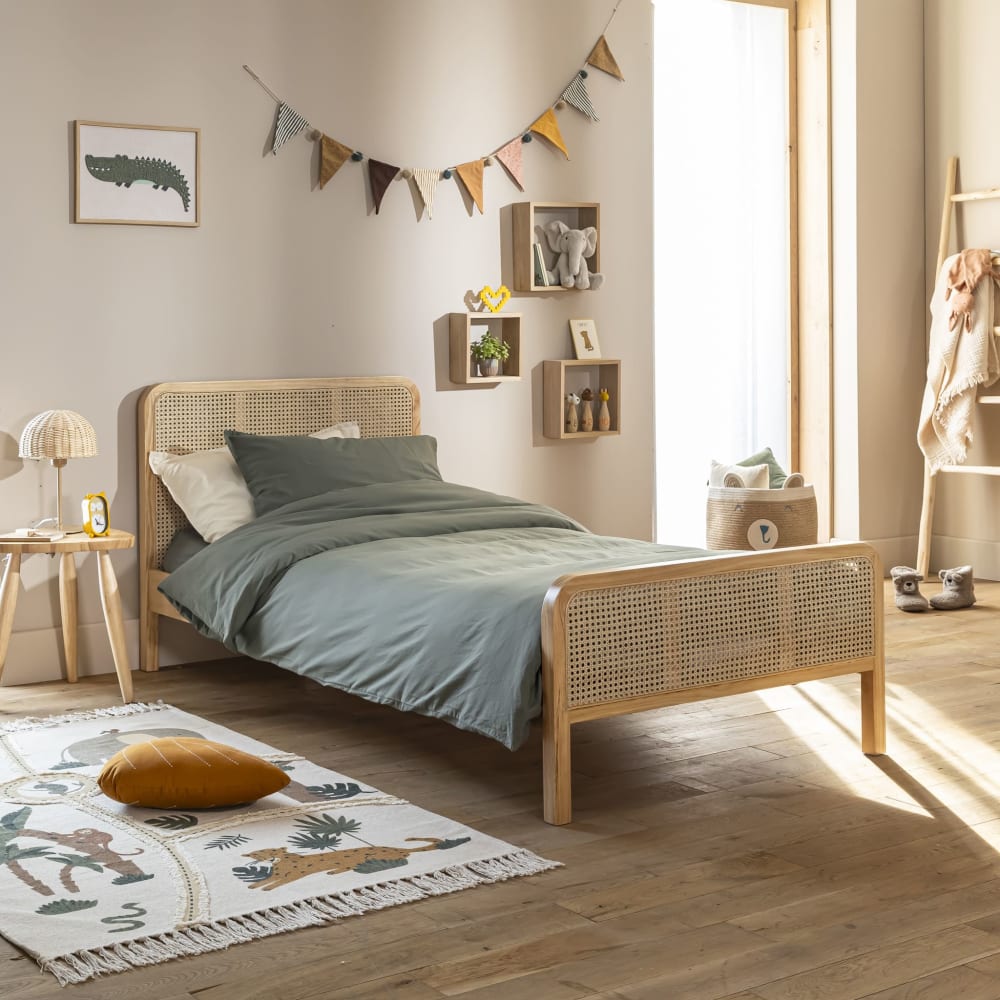 Terre de Nuit Lit enfant en pin massif avec cannage 90x190 Marron 198x85x96cm