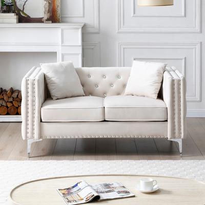 GREATPLANINC Vintage Velvet Loveseat, Chesterfield Style Sofa Chair, Diamond Button Design Nailhead Trim Upholstered Sofa with 2 Pillows
