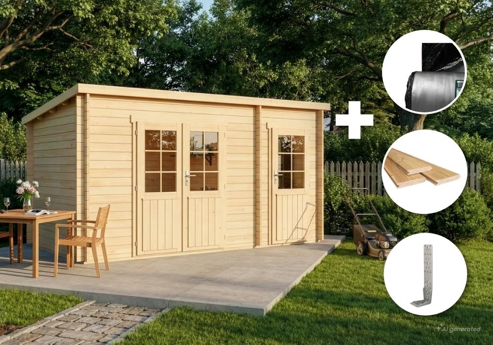 Alpholz Gartenhaus Set Maria Anbau 450x272cm Natur mit Boden & Dacheind.