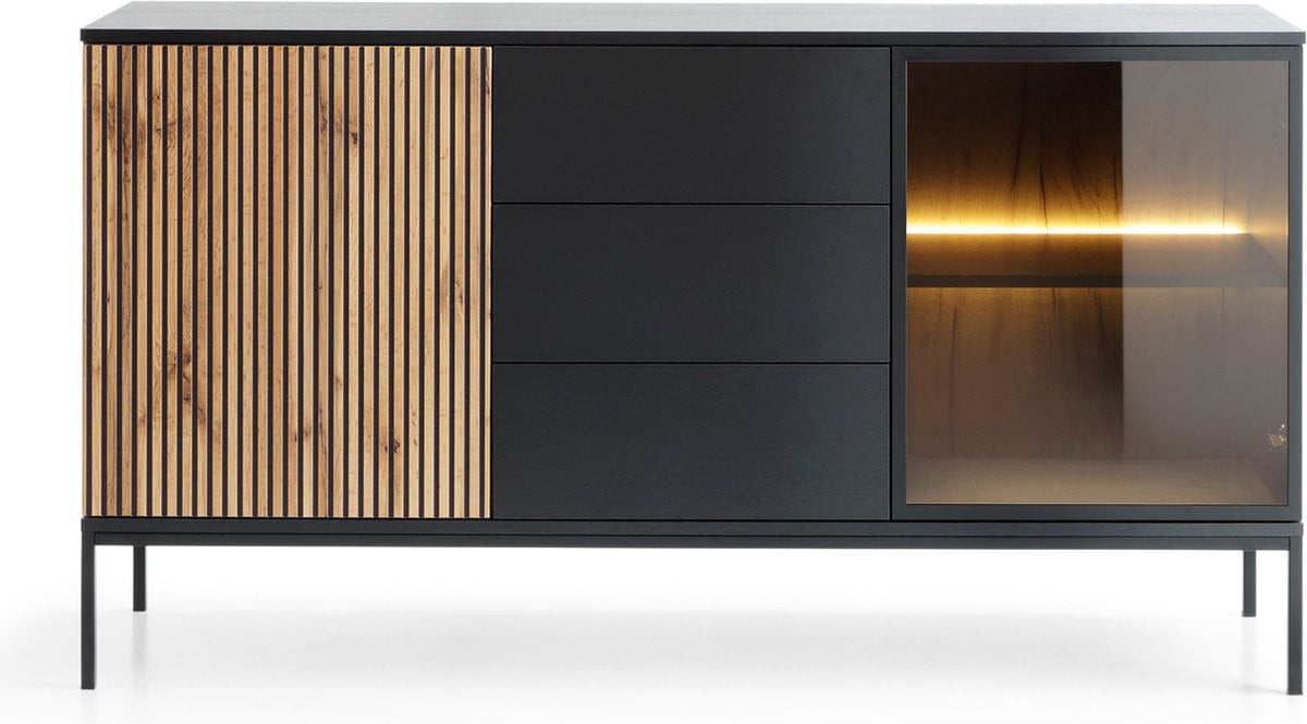 Selsey Tosena Dressoir met lades en geïntegreerde verlichting - Zwart/Wotan eiken - Breedte: 154 cm