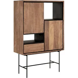 Bücherschrank Metropole Low aus Teakholz, modern massiv, natur, mit Klapptüren und Schublade