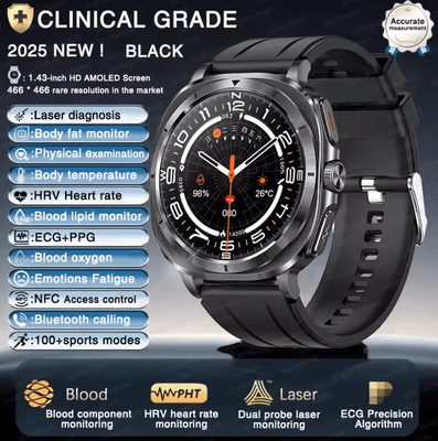 Inspire Curations AI Laser Health Smartwatch With ECG PPG, Uric Acid & Blood Lipid Analysis black