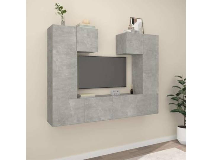 HEFZGDB 6-TLG. TV-Schrank-Set Betongrau Holzwerkstoff mit Wandmontage und reichlich Stauraum für Wohnzimmer Möbel
