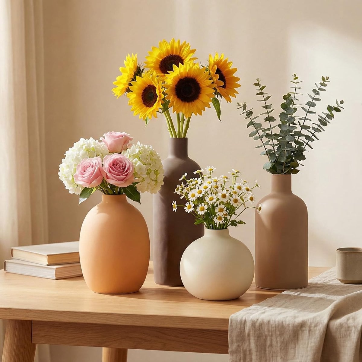 SnelShoppen Set van 4 Keramische Vazen in Neutrale Tinten voor Interieurdecoratie
