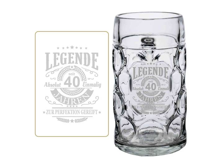 Bierkrug LUXENTU Maßkrug mit Gravur Legende seit 40 Jahren 1,0 Liter transparent , bunt (transparent), 1 tlg., Glas, Trinkgefäße, Bierkrug