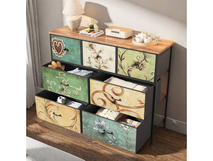 Comanlai Commode à 7 tiroirs en tissu, Table de toilette étroite, Tiroirs de rangement, Meuble de rangement bohème pour chambre à coucher