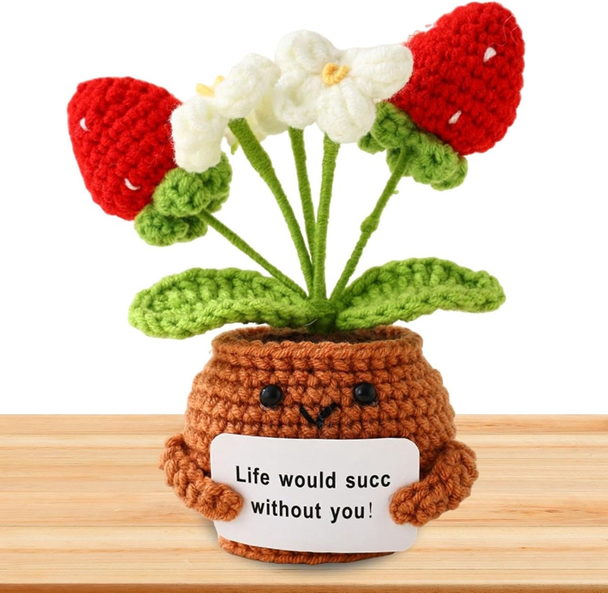 Gehaakte knuffelbloem met aanmoedigingskaart - Rood - 13 cm