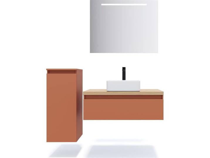 Ensemble salle de bain vasque posée 90cm 1 tiroir Terracotta + miroir + colonne gauche - Hudson