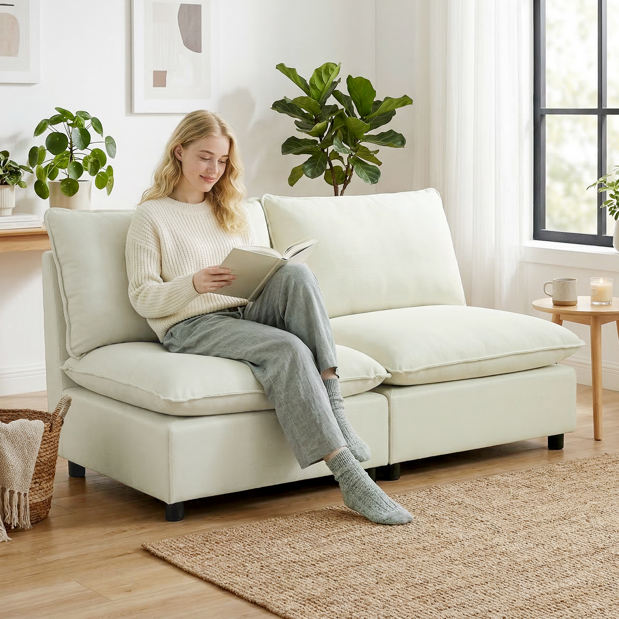Homcom Divano a 2 Posti Modulabile, Divano da Salotto Moderno 146 cm senza Braccioli con Seduta Ampia e Cuscini Spessi, Crema   Aosom Italy
