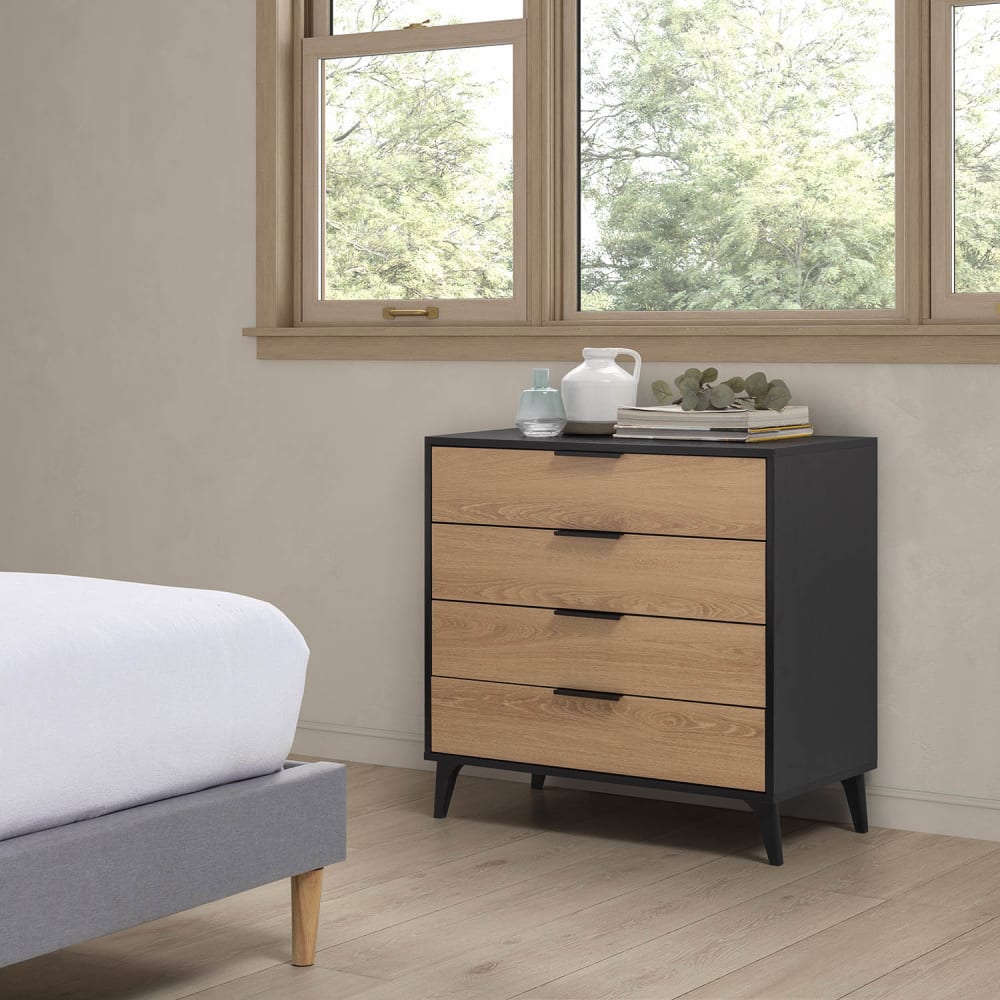 HOMN Commode de nuit 4 tiroirs coloris noir/chêne Noir 80x76x40cm