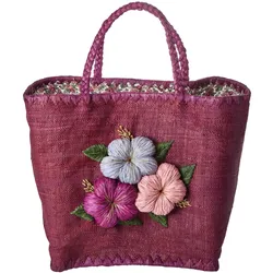 RICE Große Raffia Tasche mit Blumenstickerei, L:35 cm, B:35 cm, H:25 cm, Pflaume