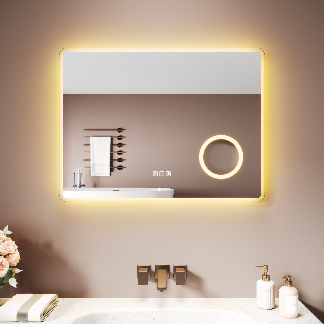 Ivy Bronx White Aluminium Framed Bathroom Mirror, Full Frosted Edge, Anti-Fog, Magnifier, Touch Dimmable LED & 800*600*35