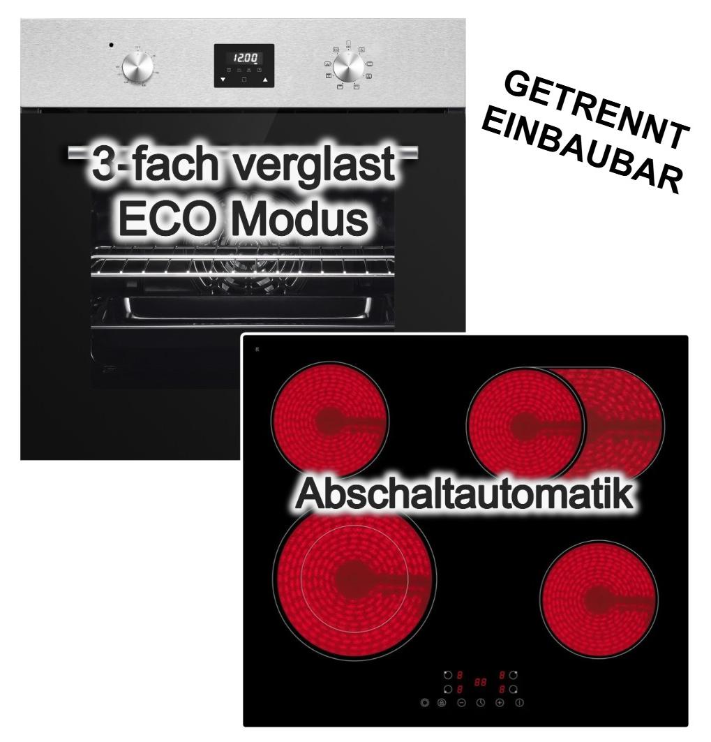 PKM Herdset Einbaubackofen Umluft 8 Funktionen + Glaskeramik Kochfeld Touch Control Zweikreis- und Bräterzone