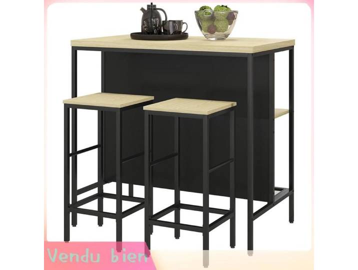 LIA Ensemble table bar +2 tabourets industriel métal noir/aspect bois