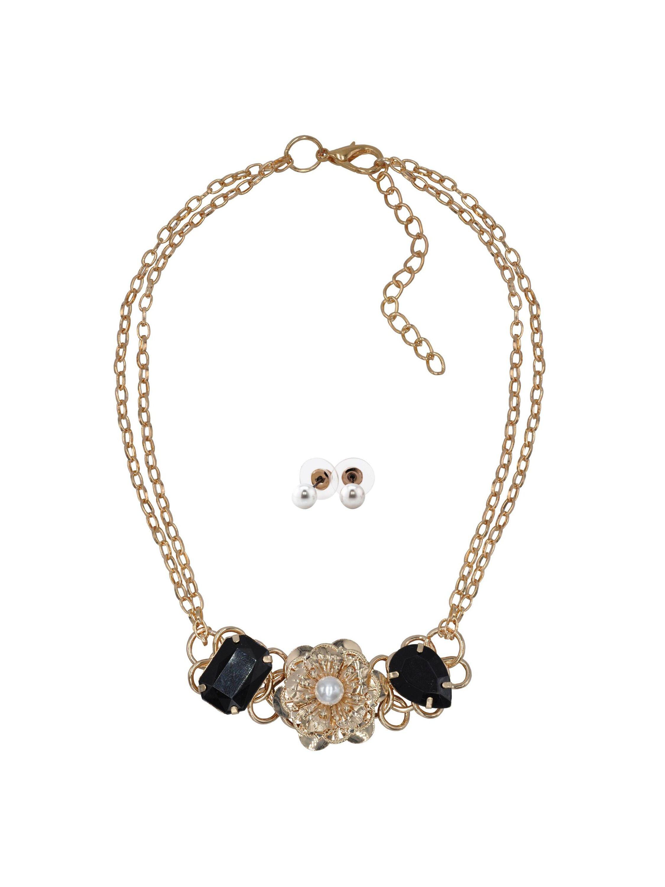 Steuer Modeschmuck Kette Ohrstecker Metall glänzend vergoldet gelb Glasstein Schwarz Perle