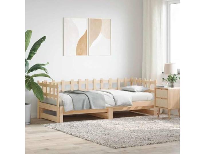 Massives Kiefernholz Tagesbett als Bett und Sofa 90x200 cm Braun Tagesbett Ausziehbar 2x(90x200) cm Massivholz Kiefer Gästebett mit Lattenrost Schlafsofa Tagbett
