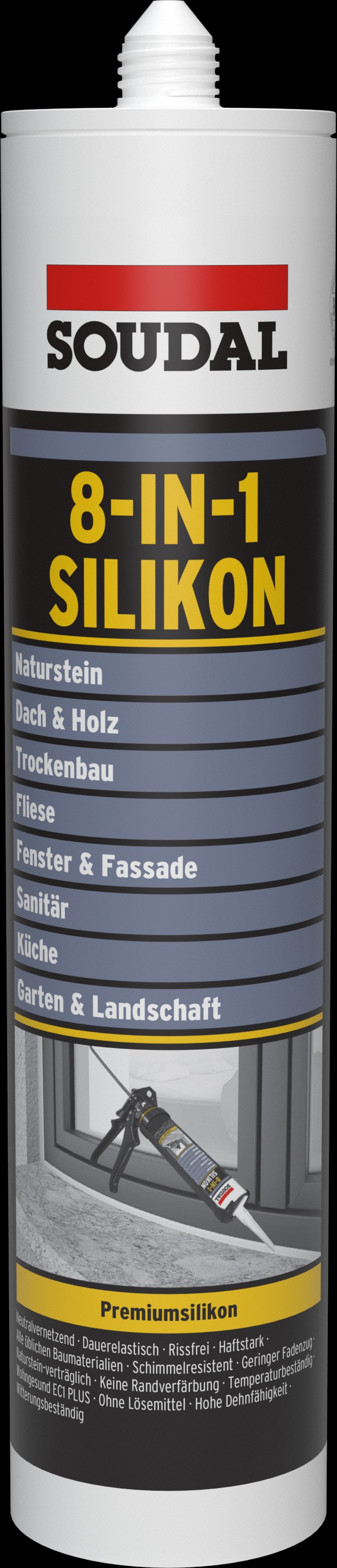 SOUDAL 8-IN-1 Silikon -Premiumsilikon für alle Abdichtungen & Anschlüsse rund ums Haus, für glatte & poröse Untergründe 169581