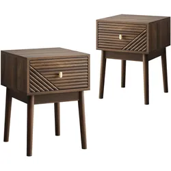NACHTTISCH Set 2er Walnuss 40 cm – Mid Century Nachtkonsole mit Rillenfront & Goldgriff