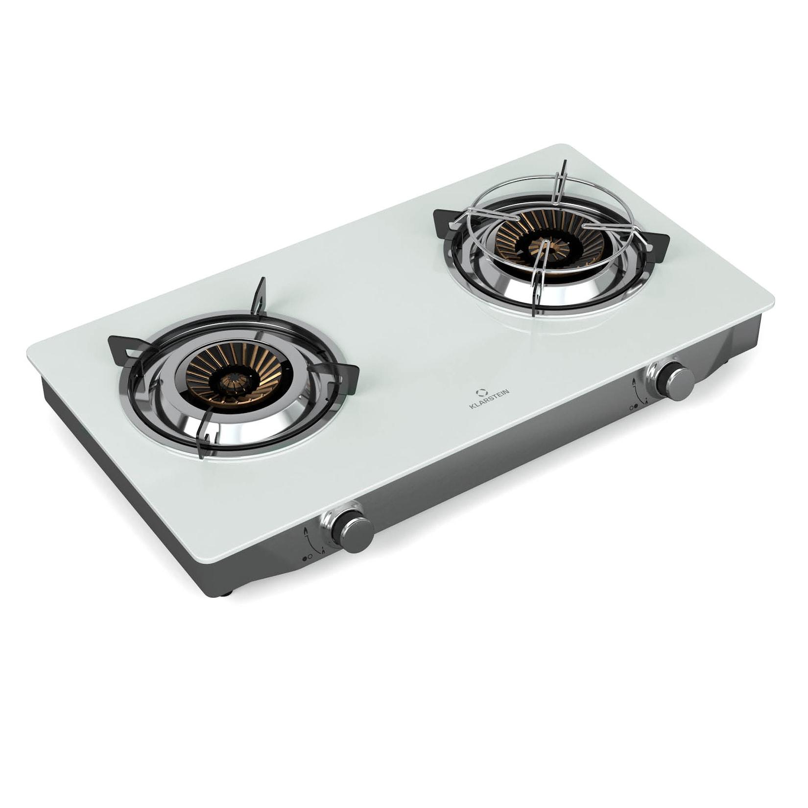 Barzona Campingkocher 2 Brenner 3,4 kW & 4,3 kW Glasplatte Edelstahl mobil einsetzbar Weiß 2 Brenner