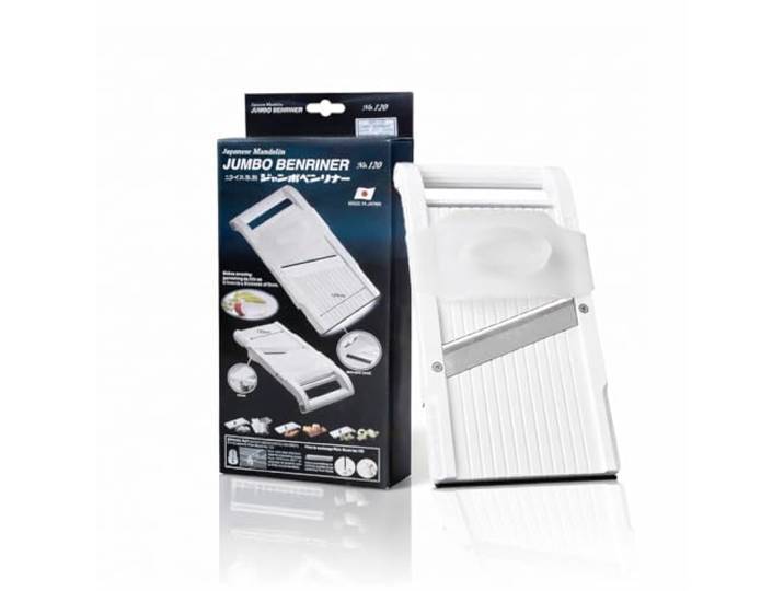 Benriner BN-120W Mandoline, Edelstahl, weiß Weiß, Edelstahlklinge, einstellbare Schnittstärke, Fingerschutz