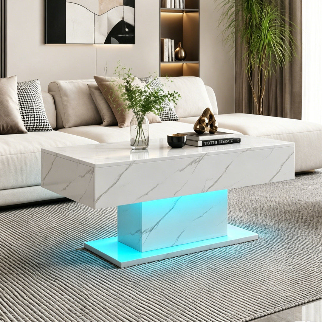 Metro Alpena High Gloss LED Rectangle Coffee Table with Open Storage White Marble 50cm H X 110cm W X 55cm D