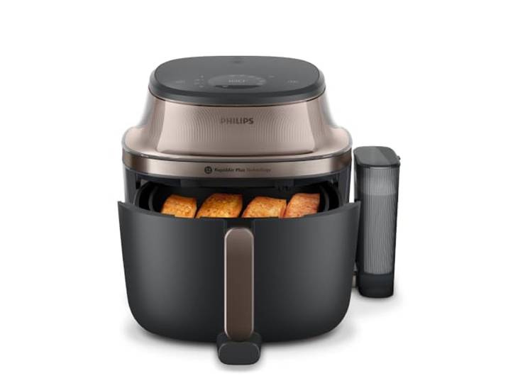 Philips Steam Airfryer 5000 Serie Heißluftfritteuse, Schwarz/Gold, 7,2 L Dampfgar-Funktion und SteamFry, Sichtfenster, RapidAir Plus Technologie, 21 Kochfunktionen, HomeID App (NA547/07)