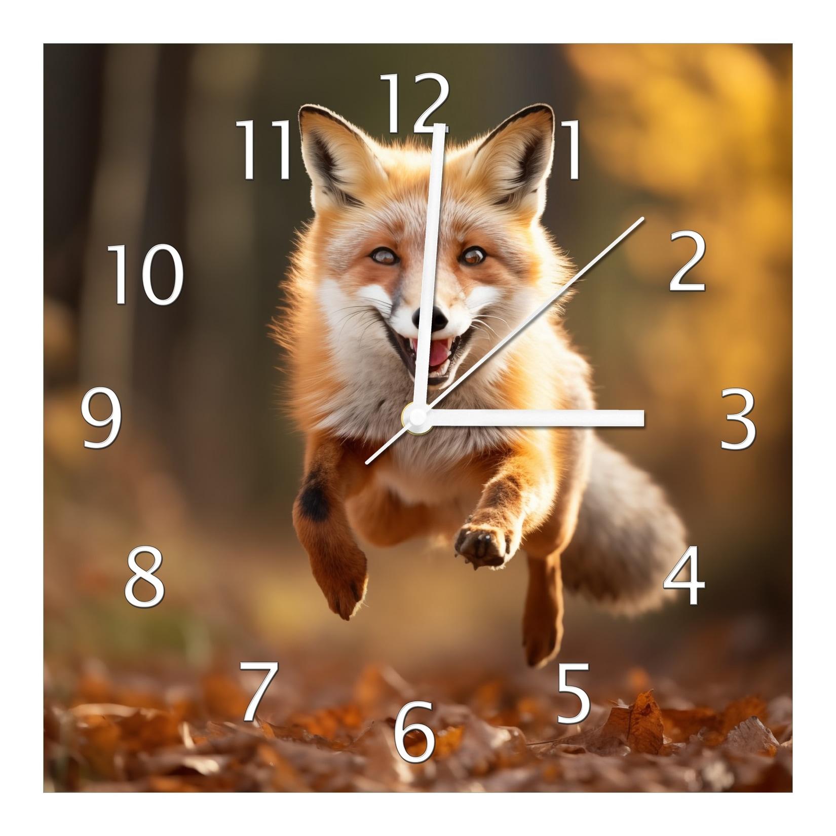Wallario Uhr 20 x 20 cm, weiße Zeiger Rennender Fuchs