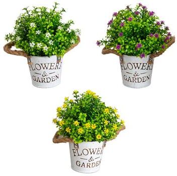 Nearly Natural 8-in Flowering Mini Daisy Plant in Rustic Planter - Set of 3