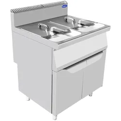 Gasfriteuse 2 Becken 16+16 Liter. Inox-Struktur. Temperatur 110-190°C. Abmessungen 80x70x108,5h cm. Modell AT7G8F-F