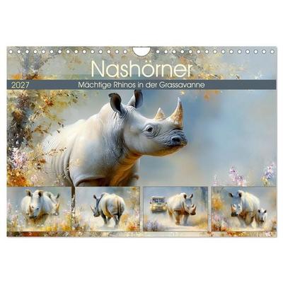 Nashörner. Mächtige Rhinos in der Grassavanne (Wandkalender 2027 DIN A4 quer), CALVENDO Monatskalender
