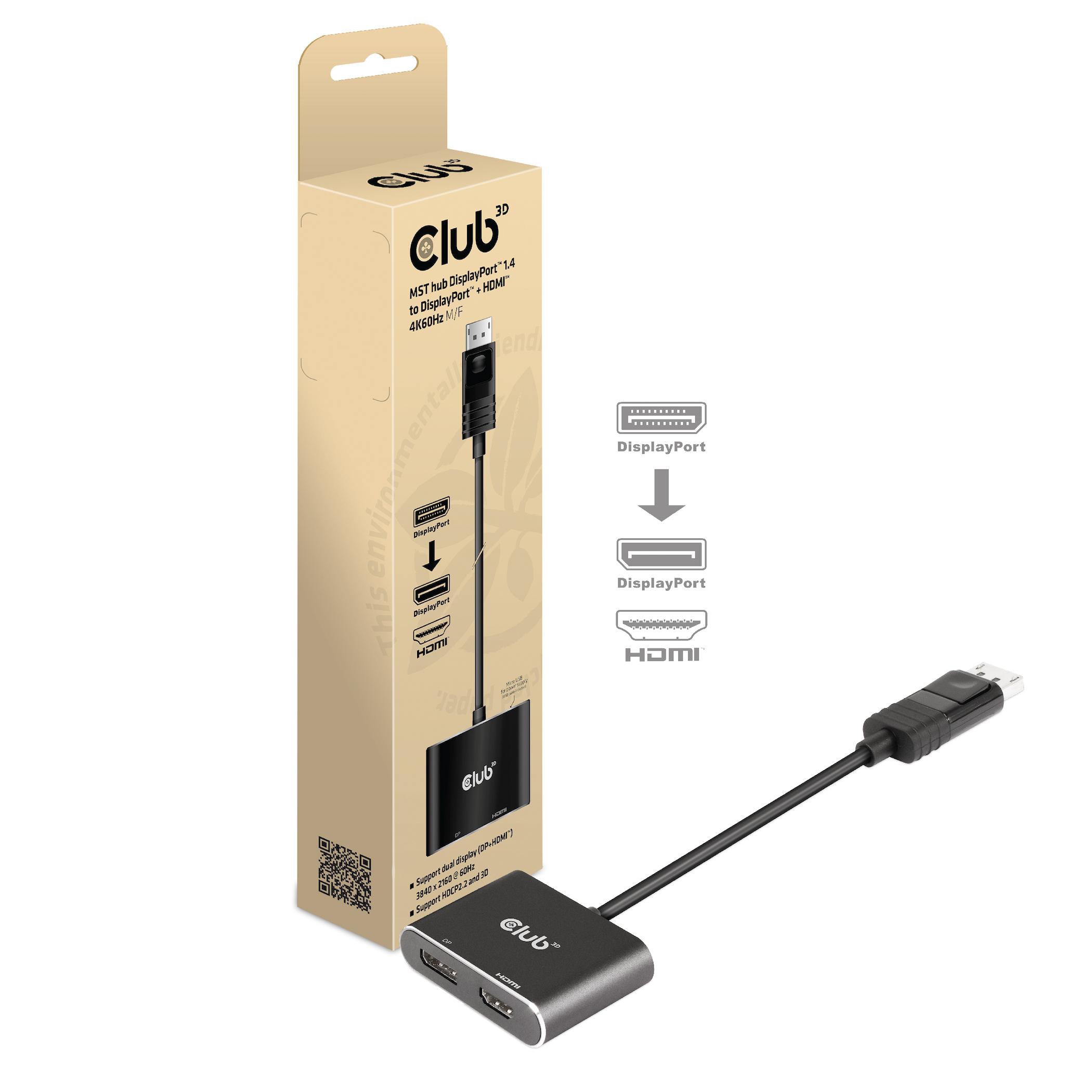 Club3D CSV-7220 MST hub DisplayPort 1.4 / DisplayPort + HDMI 4K60Hz M/F