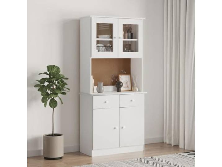 HEFZGDB Rustikales Highboard aus Massivholz Kiefer mit Glastüren, Schubladen und Mehreren Böden für Ihr Wohnzimmer