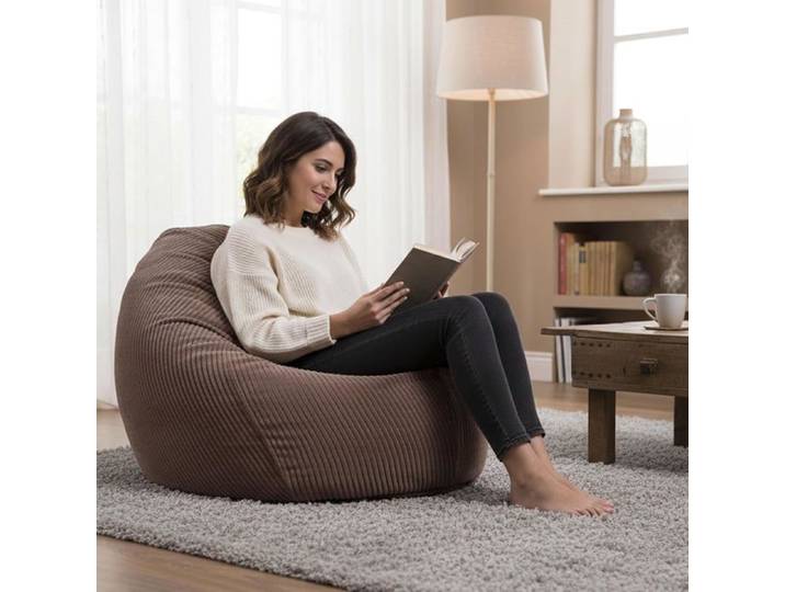 Pouf Poire Adulte Déhoussable en Velours Côtelé Marron avec Billes - Fauteuil Poire Confort pour Salon et Chambre