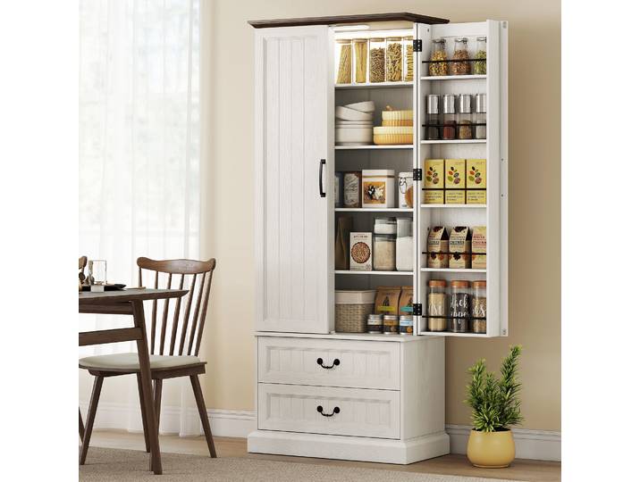HOMCOM Buffet Haut Cuisine LED, 2 Portes, Tiroirs, Blanc