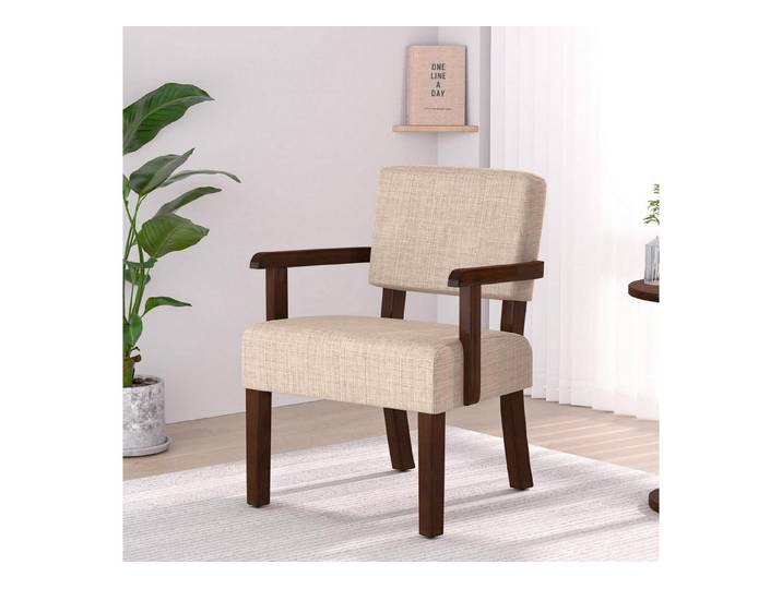 LuxusKollektion Loungesessel Loungesessel Armlehnensessel Holz Wohnzimmer Büro Leinen Beige 1 Stuhl