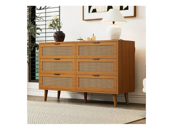 Furnishings Home Sideboard Schrank Kredenz Rattan Küchenschrank (1 tlg), Moderne 120cm breite, Rattan Schubladenfronten, vielseitig einsetzbar
