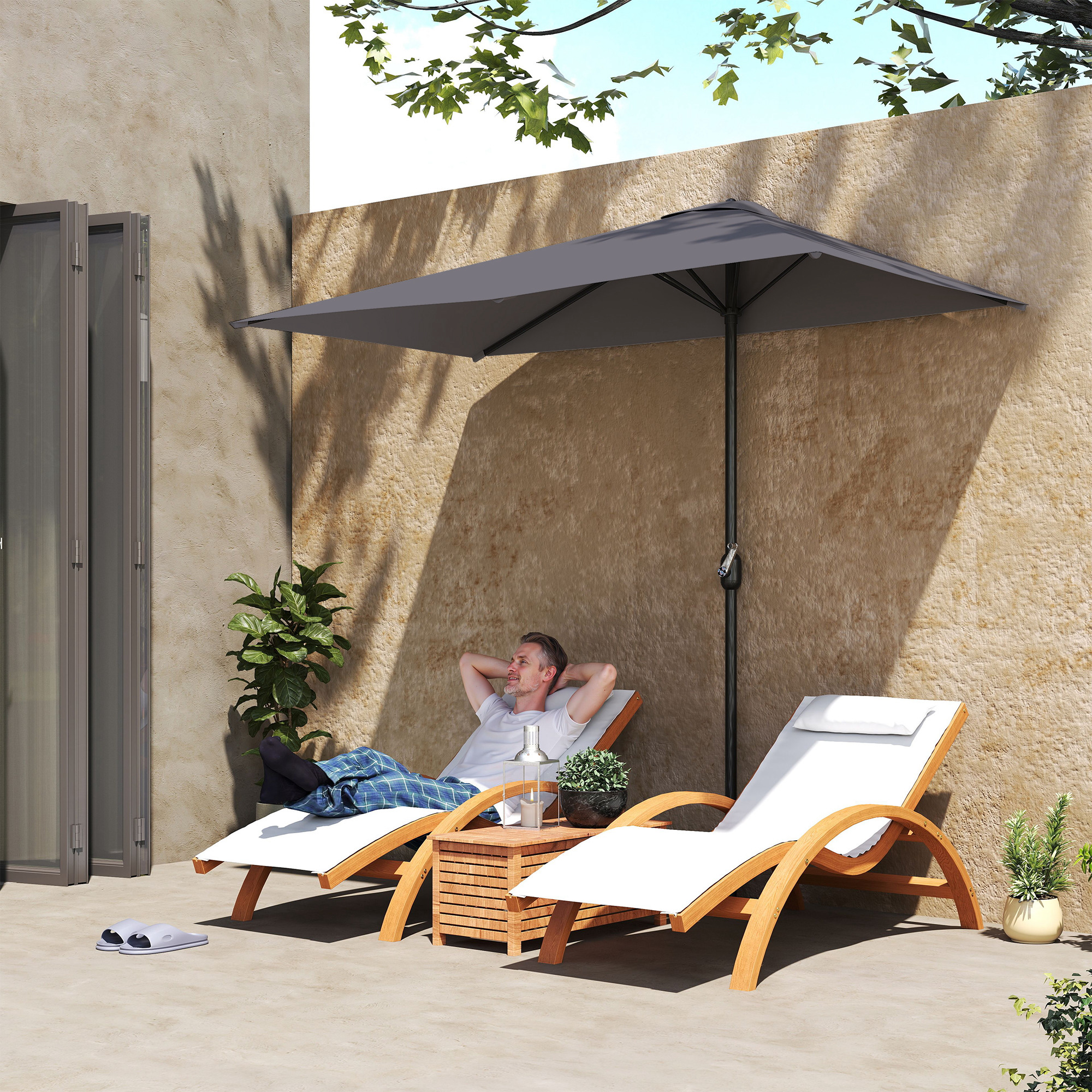 Outsunny Ombrellone da Parete Mezzaluna Salvaspazio con Apertura a Manovella, Grigio Aosom