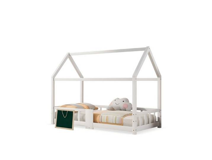 Odikalo Kinderbett Holzbett m. Tafel Lattenrosten Rausfallschutz, Kiefer, Weiß/Grau,B90cm