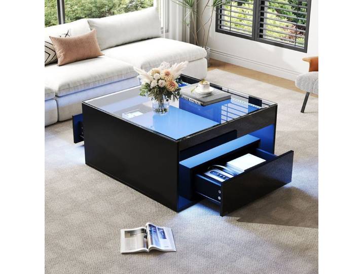 LPOSPI Table basse LED avec tiroir laqué ajouré plateau verre trempé MDF noir 70x70x35 cm