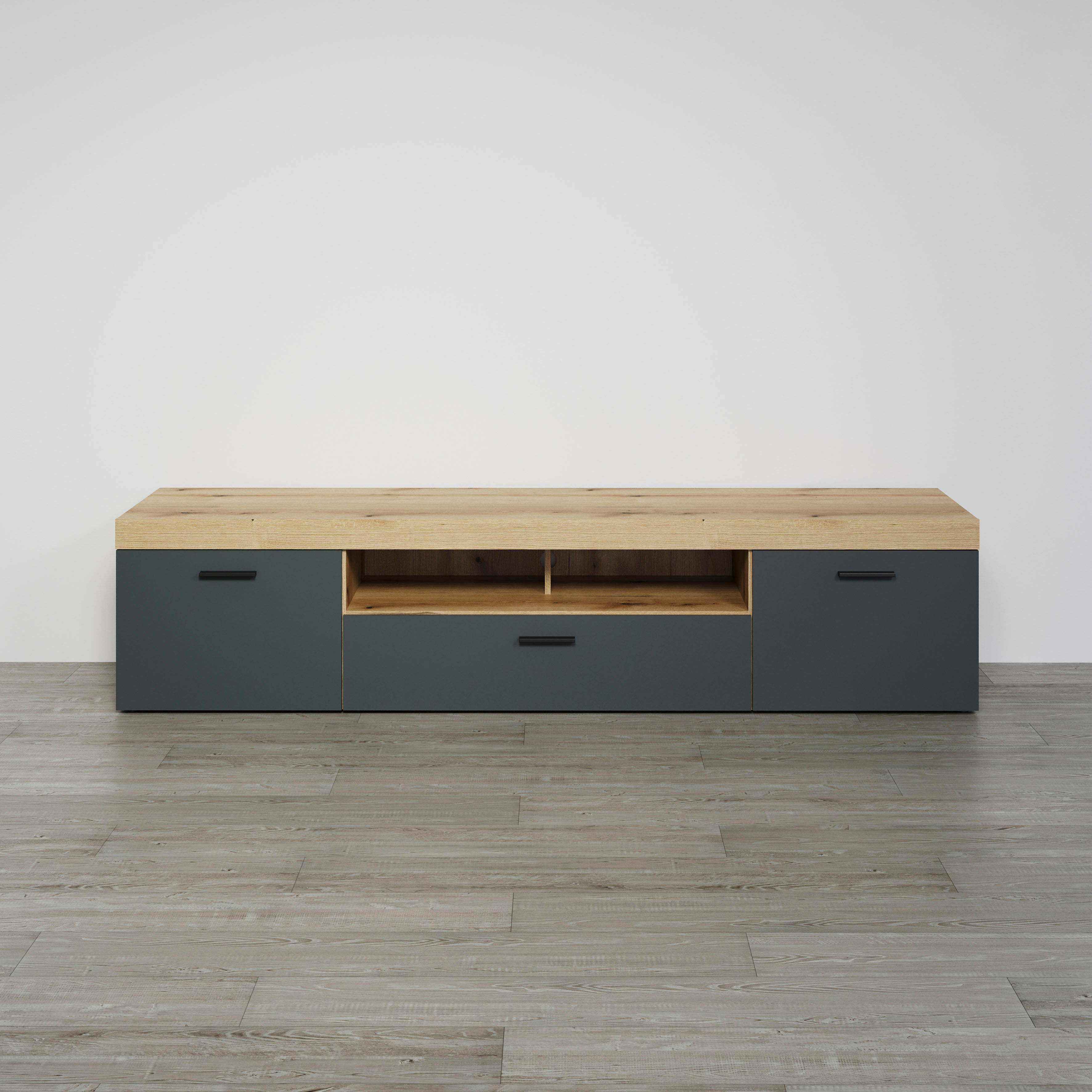 Lowboard HOME AFFAIRE "Tyler TV-Kommode", grau (eiche mit anthrazit), B:230cm H:52cm T:52cm, Sideboards, Lowboard, TV-Lowboard, Hirnholzapplikationen, Breite 230 cm eiche mit anthrazit B/H/T: 230cm x 52cm x 52cm, 2 Stk.