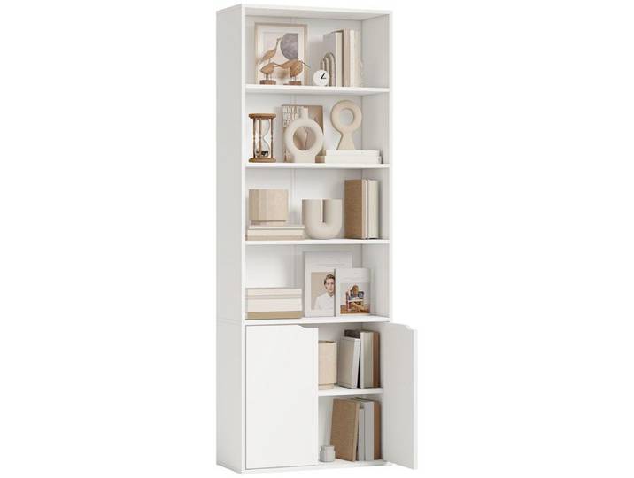 Bibliothèque blanche 59x29x180 cm avec 4 compartiments ouverts et 2 portes