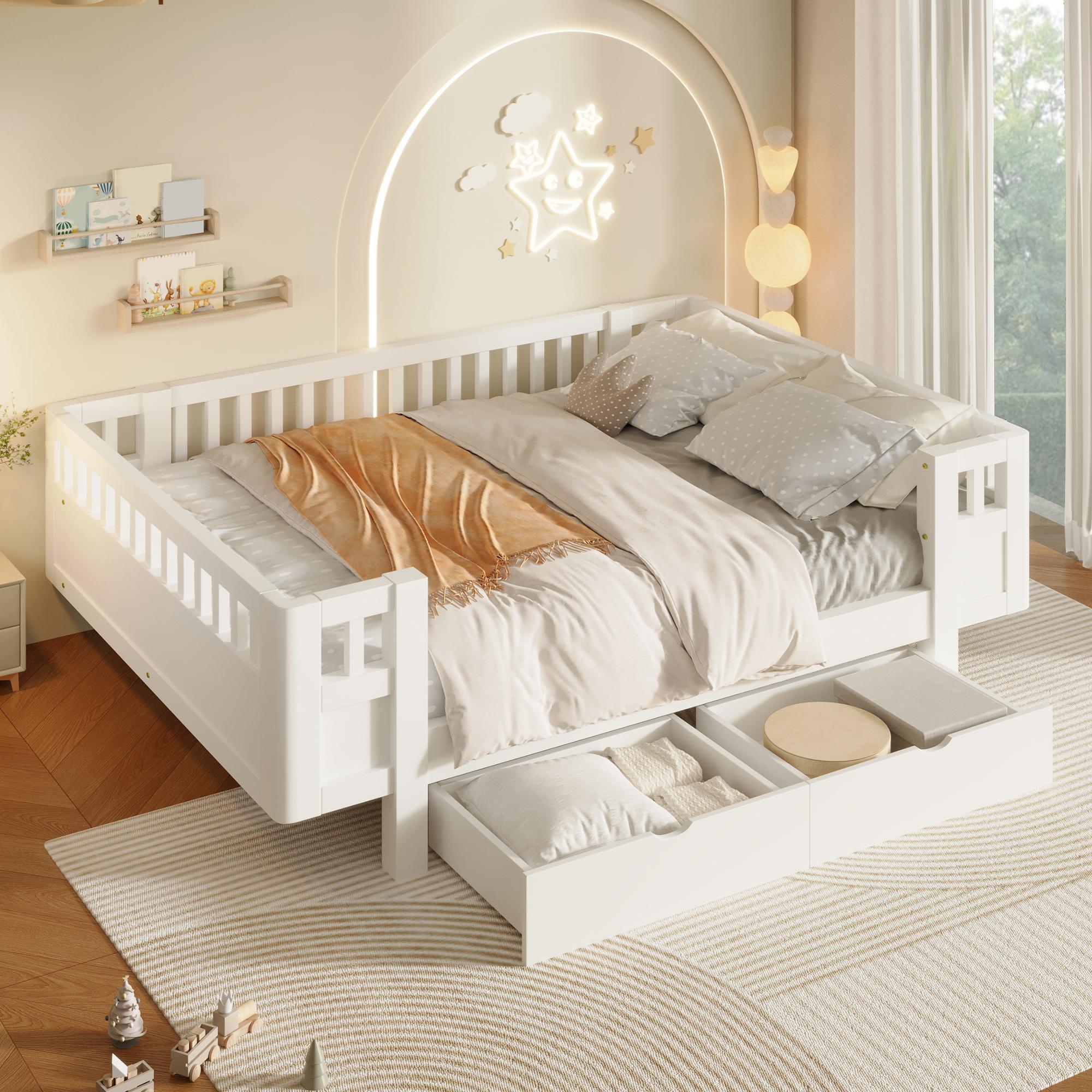 140x200 Plattformbett mit hohem Schutzgitter und zwei großen Schubladen, Weiß