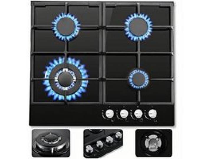 Plaque de Cuisson Gaz 4 feux Plaque Gaz 8060W Encastrable Table Gaz 4 foyer Verre noir Gaz Naturel/Propane