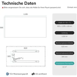 Emke Infrarot-Heizpaneel, Weiss, rahmenlos, inkl. WLAN-Steckthermostat 120×60cm 1200W, Heizkörper, Weiss