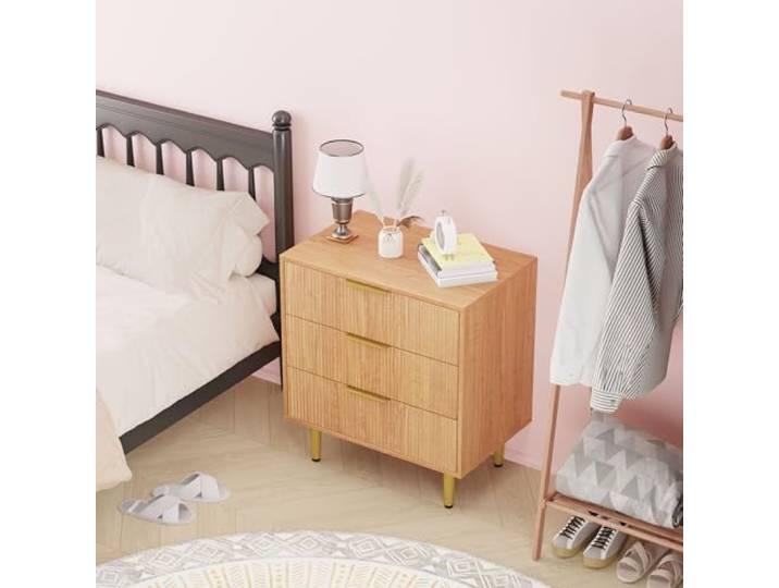 GarveeMore Kommode 3 Schubladen, Fluted Design, 71x43x76 cm, Holzoptik 3 Schubladen Fluted Design Metallbeine Metallgriff Spanplatte/MDF